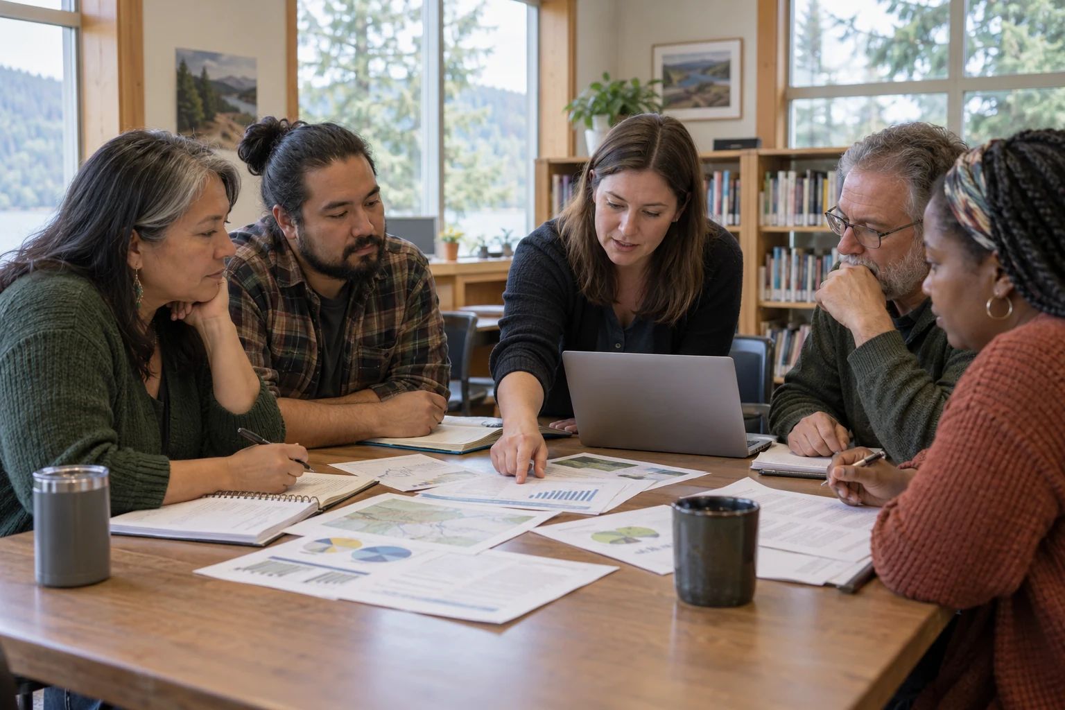 AI-generated illustration of community members reviewing civic research together in a library