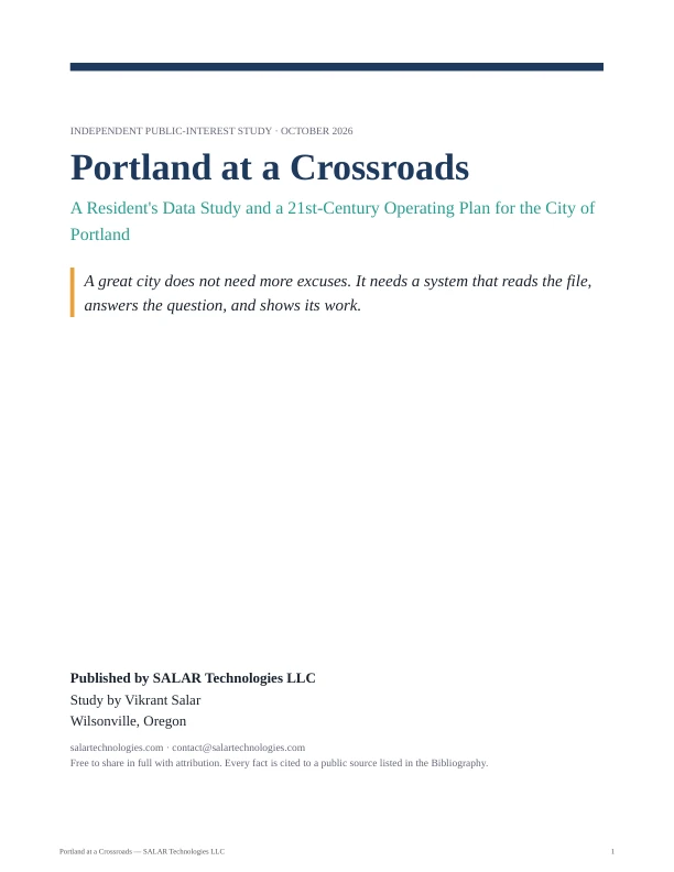Actual cover of Portland at a Crossroads, published by SALAR Technologies LLC