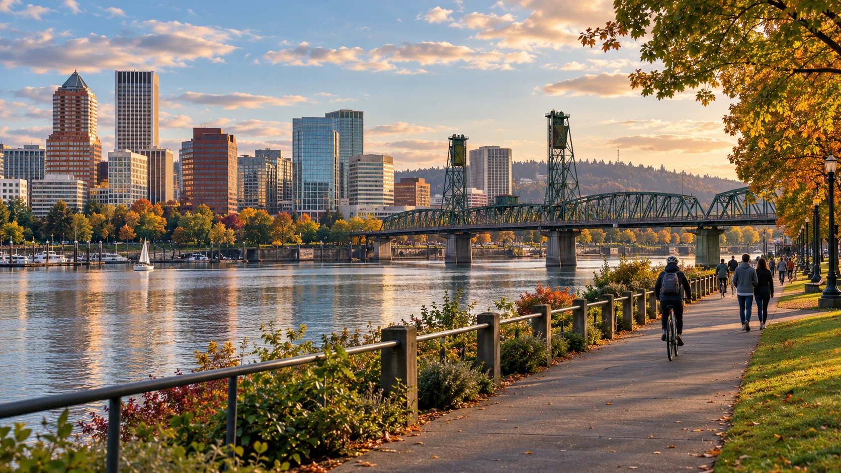 Illustrative Portland-inspired waterfront with a steel bridge, autumn trees, walkers and cyclists